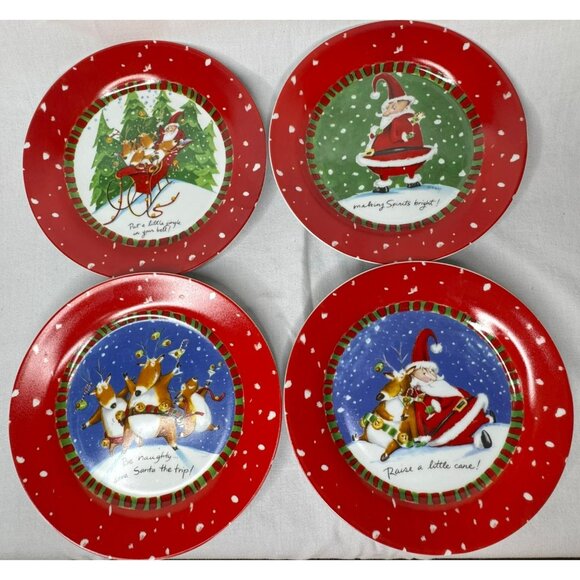 4 Mud Pie Christmas Santa Salad Dessert Plates 8" Raise A Little Cane - Picture 1 of 8